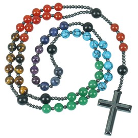 Lovionus89 Black Gallstone Cross Pendant, Natural Healing Crystal Stone Beads, Long Necklace for Men, Women, Stress Relief Balance, Stone