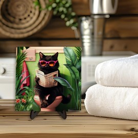 Funny Black Cat Bathroom Sign, Black Cat Sitting on Toilet Reading Newspaper,Modern Humorous Illustration Style Wood Plaque Sign With Stand,Bathroom Toilet Home Shelf Desk Decor.5.9x5.9 Inch(CAT)