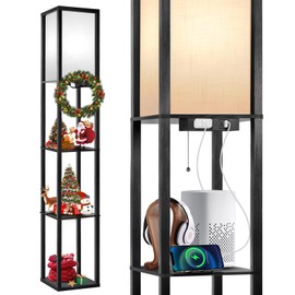 OUTON Floor Lamp with Shelves, LED Shelf Floor Lamp with 1 USB & 1 Type C Ports, 1 AC Outlet, 3 Color Temperature, Storage Display Wood Column Tall Standing Lamp for Living Room, Bedroom Office, Black