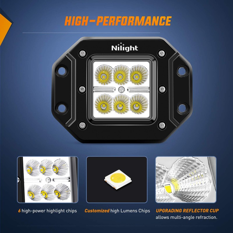 Nilight 2PCS 18W Flood Flush Mount LED Work Light Fog