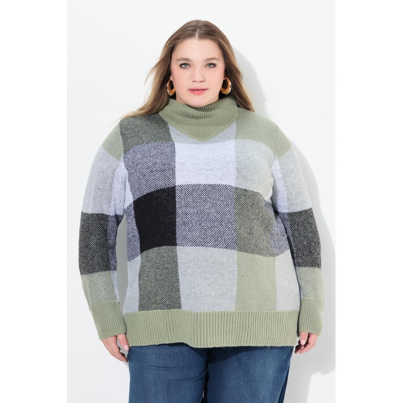 Ulla Popken Women's Plaid Print Stand Collar Long Sleeve Pullover,