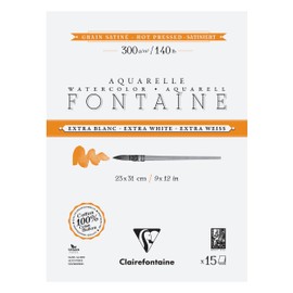 Clairefontaine Fontaine 976020C Watercolour Paper Pad Extra White and Satinised 4-Sided Glued 15 Sheets 300 g 23 x 31 cm Pack of 1