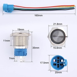 DMWD 2PCS 19MM Momentary Push Button Switch 12V-24V Ring Led 1NO 1NC Self-Reset ON/Off Waterproof Anti-Vandal Metal Shell with Wire Socket (IP66, Blue Led)