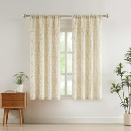 ZJDECOR 63 Inches Yellow Leaf Curtains with Grey Branches for Bedroom Living Room,Farmhouse Linen Textured Drapes with Functional Tapes,Light Filteirng Window Treatment,Rod Pocket Back Tab,38"Wx63"Lx2