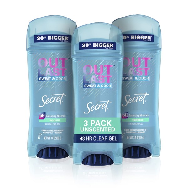 Secret Antiperspirant Deodorant Women, Unscented Clear Gel, Outlast, 3.4 oz (Pack of 3)