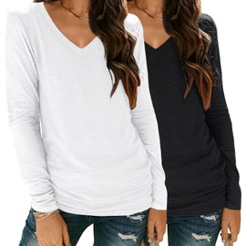 YGOODM Women's Basic Shirts 2 Pack Long Sleeve V Neck Solid Tee Tops Casual Fall T-Shirts Fashion Clothes, White Black 2 Pack V Neck