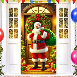 Christmas Door Cover Decoration Traditional Santa with Green Sack Festive Home Decor Xmas Door Banner Wall Hanging for Holiday Photo Backdrop Supplies Christmas Party Decoration