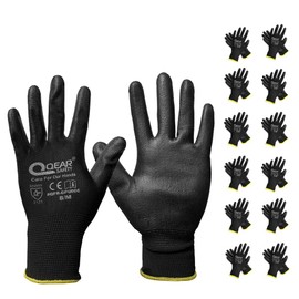 QEARSAFETY 12 Pairs Thin PU Palm Coated Work Safety Gloves, Knitted Liner, Multi-Function, Light-Weight, Sensibility, Breathable, Grip, Daily General Purpose Job Handling (8/M, Black)