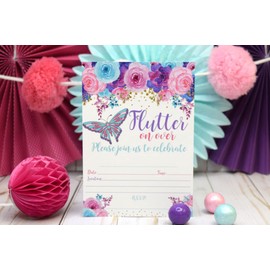 Amanda Creation Watercolor Floral Butterfly Birthday Party Fill In Style Invitations in pink, blue and purple. Set of 20 including envelopes