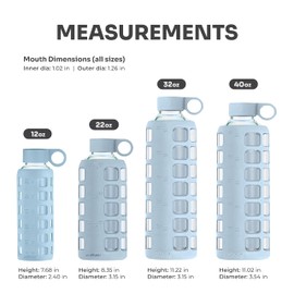 purifyou 40/32/22/12 oz Borosilicate Glass Water Bottles with Volume Markers, Silicone Sleeve, Stainless Steel Lid, Reusable Bottle for Water, Juice, Gym, and Fridge Storage (22oz Ice Blue)