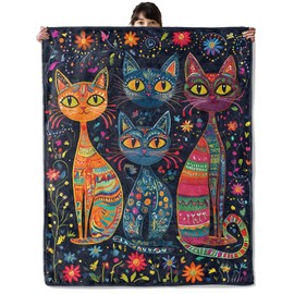 onlcuk Boho Cat Blanket, Cozy Flannel Colorful Patterned Kittens Throw Blanket, Soft Fuzzy Blankets for Travel Home Decor, All Season Lightweight Couch Bed Cover, Gifts for Women Adults Kids 50"×60"