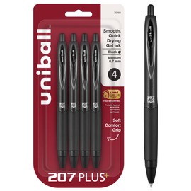 uniball™ 207 Plus+ Gel Pens, Black Ink, 0.7mm Medium Point, 4 Count