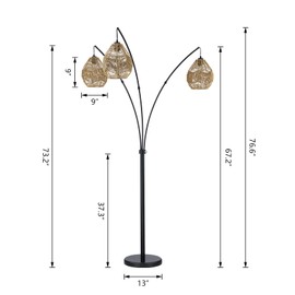 Maxax 3-Light Arc Floor Lamps for Living Room, Adjustable Modern Standing Reading Lamp with Boho Shade Rattan Floor Lamp for Bedroom Office Study, E26