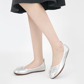 Aomigoct Ballet Flats for Women Shoes: Silver 7.5 Comfortable Round Toe Work Flats - Ladies Wedding Slip On Dressy Shoes