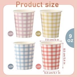 Tioncy 9 oz Gingham Paper Drinking Cups, 100 Pieces, 4 Colors, Checkered Cups for Hot Cold Beverage, Birthday Party, Travel, Picnic
