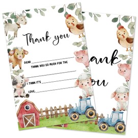 Farm Animal Kids Thank You Cards For Kids, Farm Animal Birthday Card, Fill In The Blank (20 Count) With Envelopes-TK08