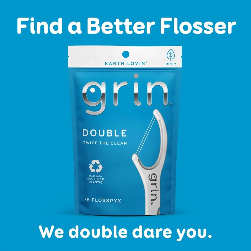 GRIN Double Floss Picks, 75 Count, Minty Flavor, Recycled Plastic