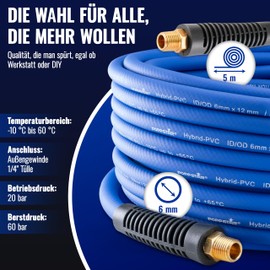 Poppstar PVC Hybrid Compressed Air Hose 5 m ID 6 mm Brass Nozzle 1/4 Inch Male Thread 20 Bar Blue