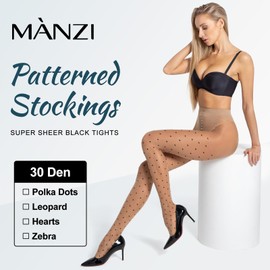 MANZI Women's Sheer Patterned Tights All-Over Polka-Dot Leopard Hearts Stockings 30 Denier Pantyhose Nylons