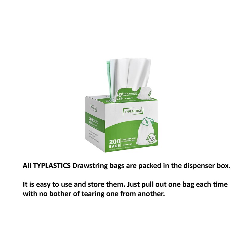 TYPLASTICS Tall Kitchen Drawstring Trash Bags 13 Gallon (200 Count)