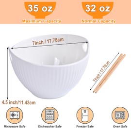 Hoilse 7 inch Ceramic Ramen Bowl - 35 oz Japanese Noodle Bowls with Chopsticks, Microwave & Dishwasher Safe, Lead-Free Premium Porcelain for Ramen, Pho, Udon, Home Dining,1PC (White)