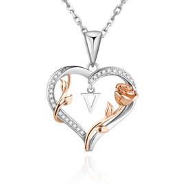 Elio Passero Heart Rose Initial Necklace,S925 Sterling Silver Letter Pendant Necklaces with Cubic Zirconia Set in,Unique Anniversary Birthday Jewelry Gifts for Women,Chain Length 17.7"