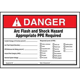 Accuform LELC341 Safety Label, Legend "Danger Arc Flash and Shock Hazard Appropriate PPE Required", 3.5" Length x 5" Width x 0.006" Thickness, Adhesive Dura-Vinyl, Red/Black on White
