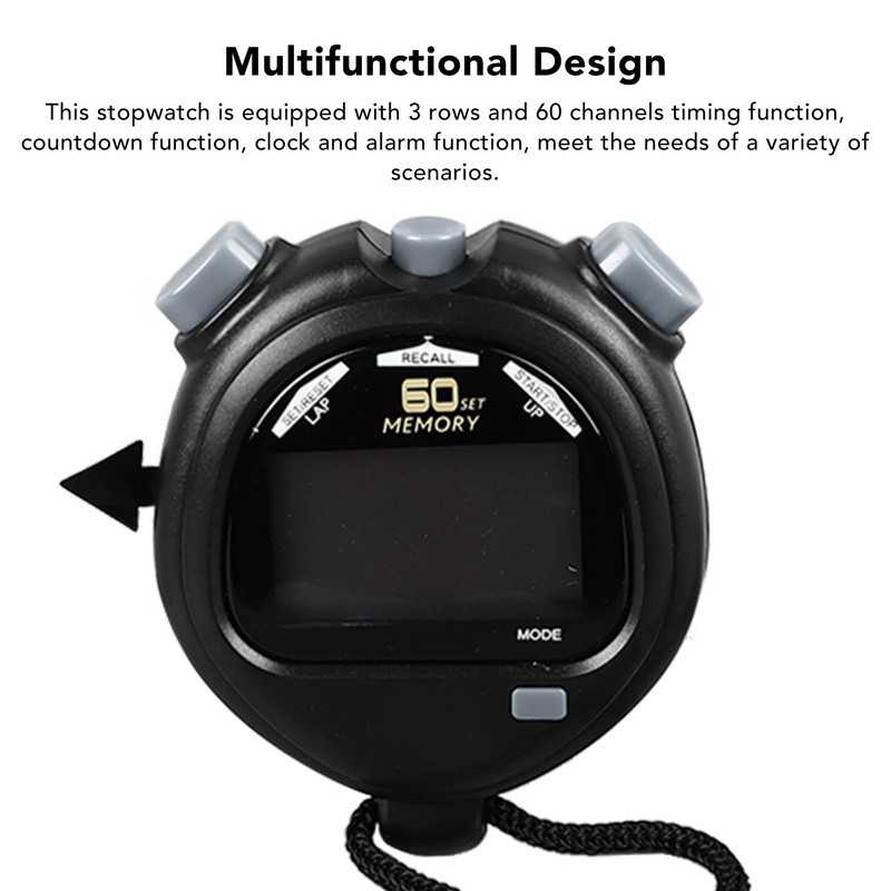 Stopwatch Timer 3 Rows and 60 Channels Larger Display Black