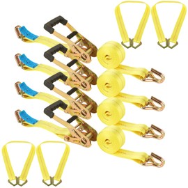 4 Set Heavy Duty Car Trailer Tie Down Straps - 2" x 8' Ratchet Straps, J-Hooks with Clip, 2" x 36'' Axle Strap for Car, Truck, UTV Transport, 10,000lbs Break Strength
