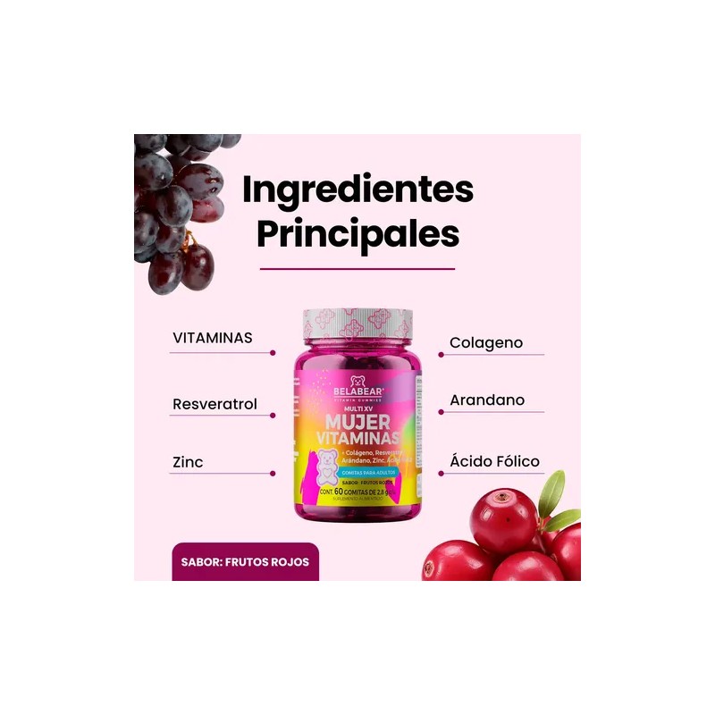 Belabear Multi Vitaminas Mujer Gomitas Gluten Sabor Frutos Rojos 60pz
