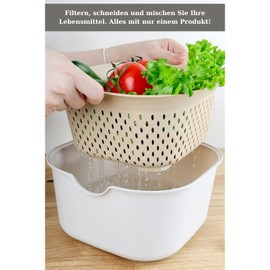 IDOBY 5 Piece Multipurpose Kitchen Set - Mixing Bowl, Strainer, Chopping Board, Lemon Squeezer, Stackable and Dishwasher Safe, Ideal for Mixing and Serving (Beige)