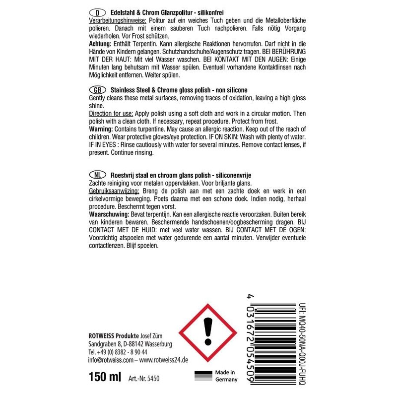 ROTWEISS 5450 Edelstahl & Chrom Glanzpolitur 150 ml