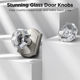 MAXECURITY 1 Pack Glass Door Knob, Octagon Shaped Crystal Door Knobs with Lock, Satin Nickel Door Knobs Interior Glass