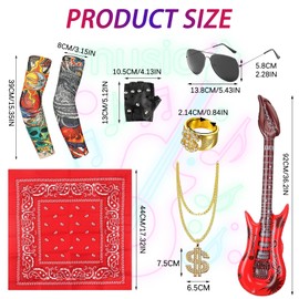 Katslyn 9 Pieces Rock Star Fancy Dress Costumes, 80s Rock Star Costume Punk Accessories For Boys, Rock Star Costume Set With Gloves Tattoo Sleeves, Gloves, Bandanas, Rings And More
