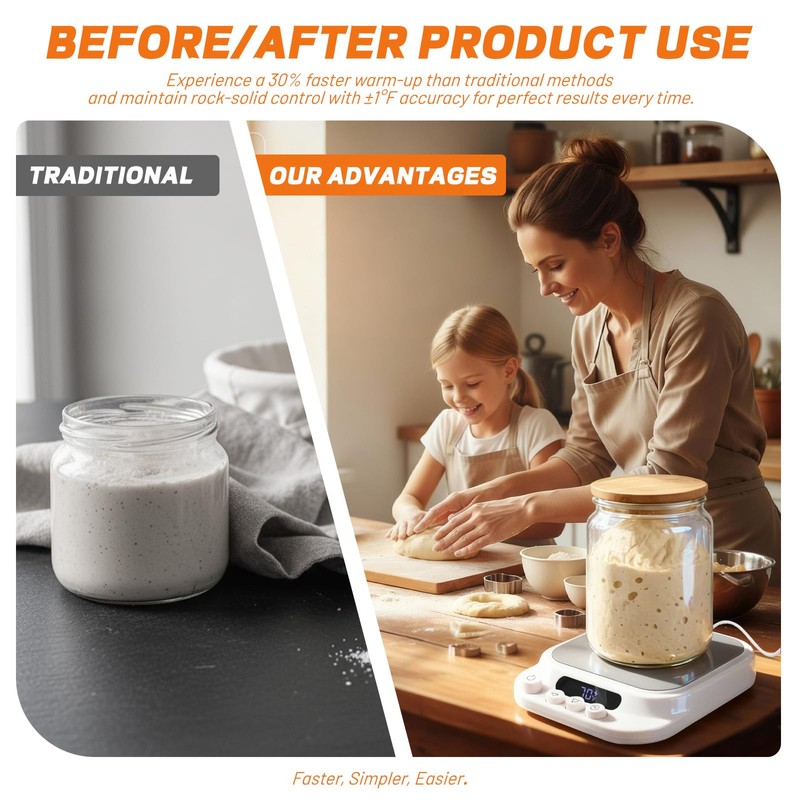 Sourdough Starter Warmer- 70-130°F Adjustable Temp, 1°F Precise Control &