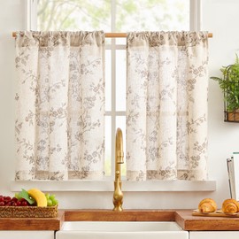 TOPICK Floral Linen Blend Kitchen Curtains 36 Inch Drop Short Cafe Curtains Light Filtering Small Window Curtain Tiers for Bathroom Living Room RV Rod Pocket 2 Panels Taupe