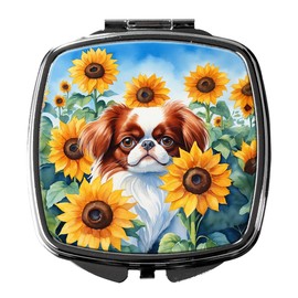 Caroline's Treasures Japanese Chin in Sunflowers Compact Mirror Decorative Travel Makeup Mirror for Women Girls Gifts Pocket Makeup Mirror Folding Handheld