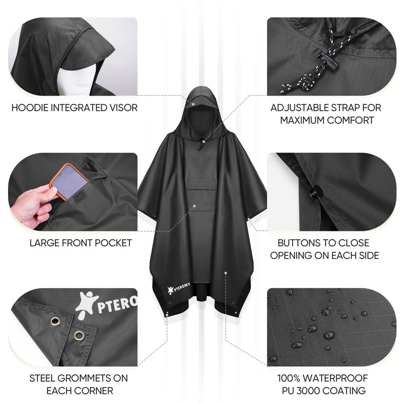 PTEROMY Hooded Rain Poncho for Adult with Pocket, Waterproof Lightweight