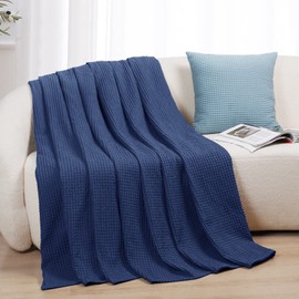 PHF 100% Cotton Waffle Blanket 130x150cm - Soft Throw Blanket for Adults and Kids-Perfect Blanket Layer for Couch Bed Sofa- Elegant Home Decoration - Single/Travel Size-Navy Blue