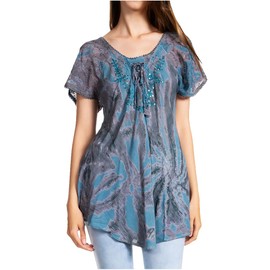 Sakkas 19218 - Marzia Women's Loose Fit Short Sleeve Casual Tie Dye Batik Blouse Top Tunic - 19211-Gray - OSP