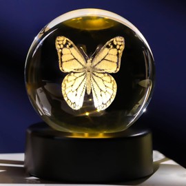 6cm Crystal Ball Engraved 3D Cute Butterfly Figurine Paperweight with LED Light Base, Butterfly Themed Ornament Gifts for Women Friends Butterfly Lovers for Birthday Christmas