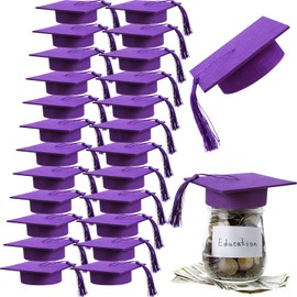 Mindsoft 24 Pcs 2026 Graduation Cap Decorations Mason Jar Lid with Tassels 4.2 Inch Grad Hat Large Mason Can Toppers for 2026 Graduation Party Supplies Table (Purple)