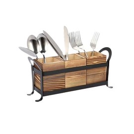 Earssa Wood Utensil Holder Silverware Caddy with Metal Rack Detachable Utensil Caddy for Party Flatware Organizer for Kitchen Forks Spoons Knives Storage