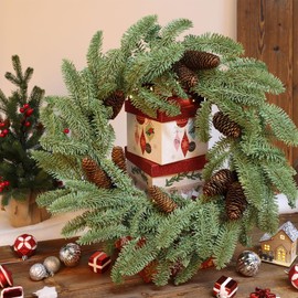24 Inch Large Christmas Wreaths with Lights for Front Door Window Spruce Pine Cone Winter Wreath, Real Touch Christmas Door Wreath, Mental Wall Outdoor Decorations, Greenery Norfolk Pine Wreath