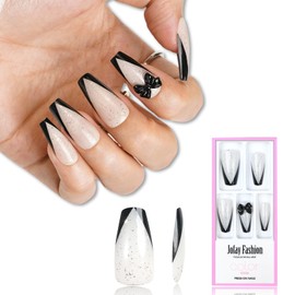 Black French Tip Press on Nails Medium, Jofay Fashion Fake Nails with Designs, False Nails with Glue, Acrylic Nail Tips, Natural & Reusable, Stick on Nails for Women Girls, Black Coffin French, 24pcs