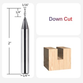 SpeTool 1/16" Cutting Diameter Downcut Spiral Router Bit with 1/4" Shank 1/4" Cutting Length 2" OVL, Solid Carbide Wood Router Bits CNC Plunge Slot Cutting