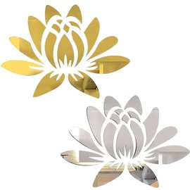 CREATCABIN 2Sets Acrylic Mirror Wall Stickers Lotus Mirror Wall Decals DIY 3D Mirror Wall Art Self Adhesive Mirror Wall Decorative Mural Detachable for Home Room TV Background Gold Silver 14x10Inch