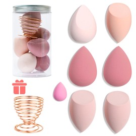 7 Pcs Makeup Blender Sponge Set - Soft Beauty Sponge Blender with a Bottle and Egg Case Holer for Blending Foundation, Cream and Powder (Pink, Metal Holder-Can Packaging)