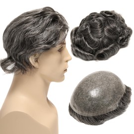 BEEOS 0.08mm Thin Skin Toupee for Men, #1B50 Hair System for Men 110% Medium Density 8x10 Inch, Human Hair Mens Toupee Natural Black with 50% Grey