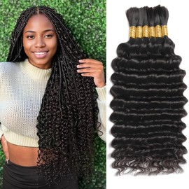 LEISWISS Human Braiding Hair for Boho Braids Human Hair 1B# 150g 24 Inch 12A Deep Wave Bulk Human Hair for Braiding Knotless 6 Bundles/Pack Curly Braiding Hair Bundles Wet And Wavy